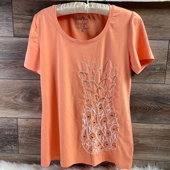 Coral Bay Tops - Coral Bay Ladies Scoop Neck Top, Size Small, Peach Color, Embellished Pineapple
